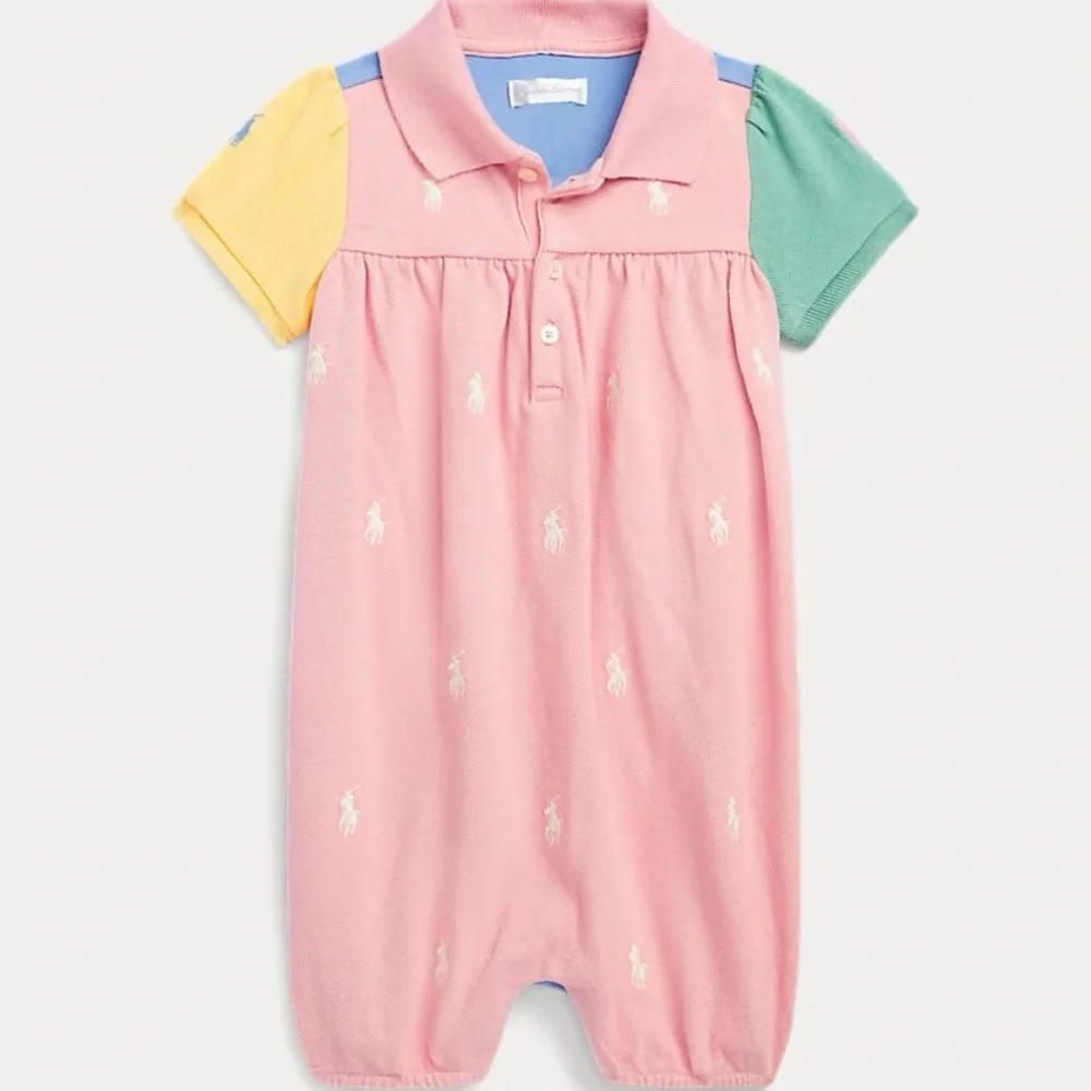 Ralph Lauren Pink Polo Baby Romper with Colorblock Sleeves